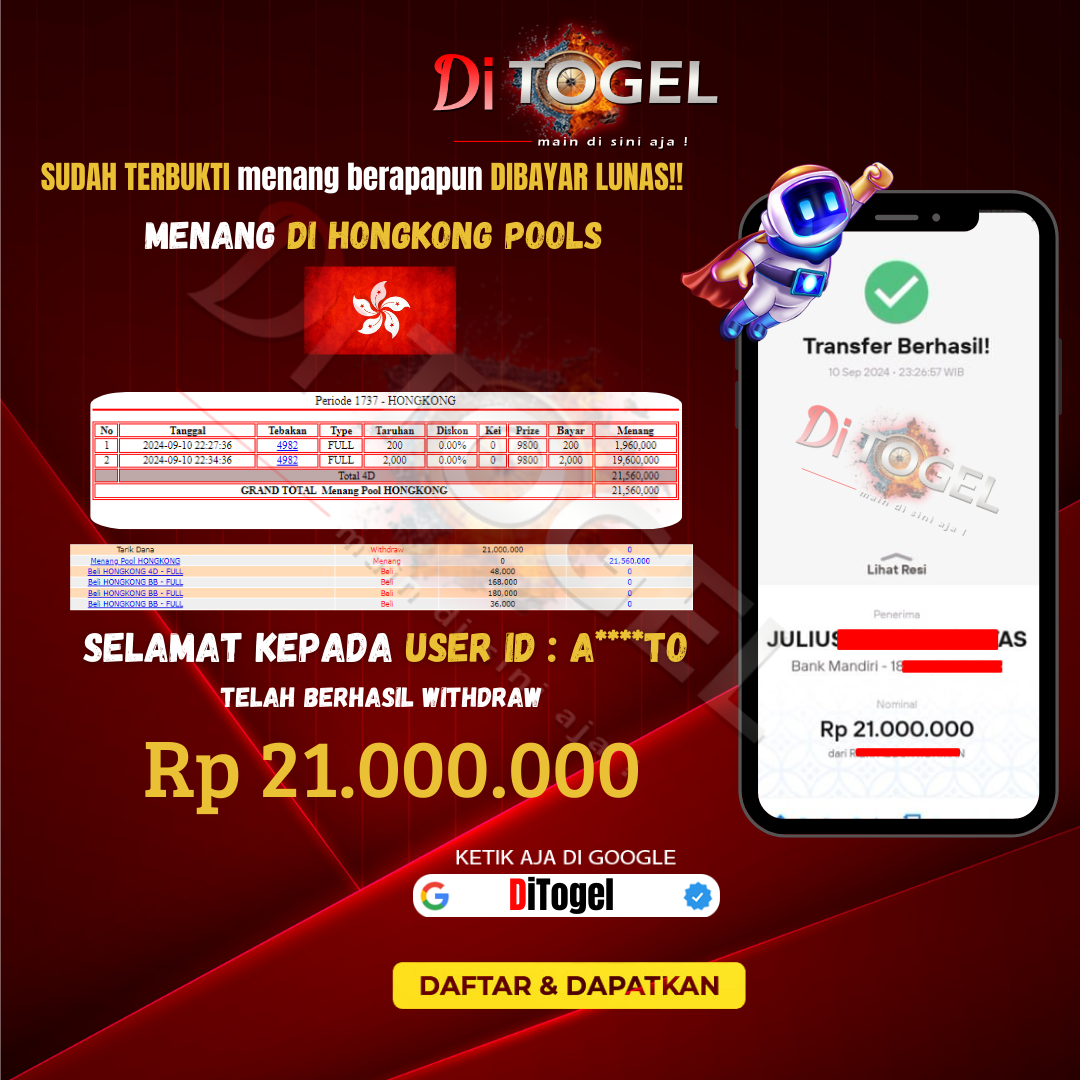 Selamat kepada user id a**n***o Anda telah berhasil melakukan penarikan sebesar Rp. 21.000.000 Di Situs DITOGEL