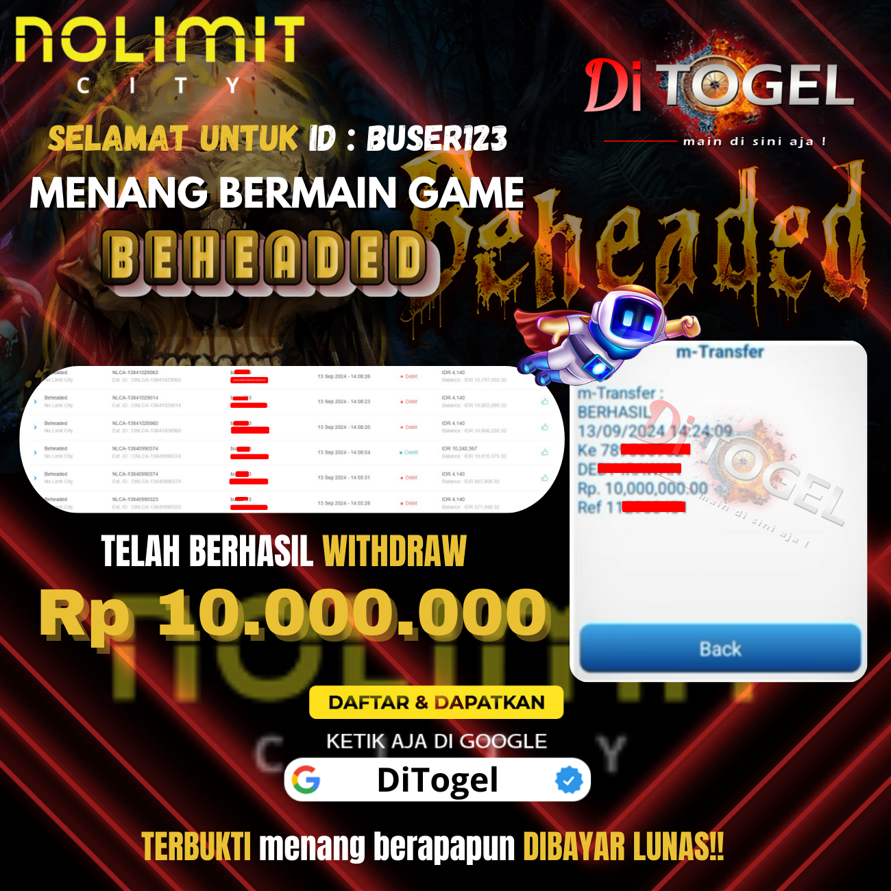 Selamat b*****3! Anda telah berhasil melakukan penarikan DANA sebesar Rp 10.000.000 di Situs DiTogel. Terima kasih atas kepercayaan dan selamat menikmati hasil kemenangan Anda!