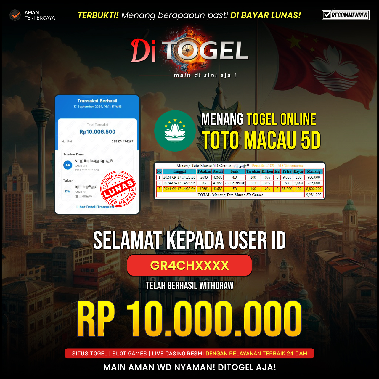 Selamat kepada user id gr4chxxxx Anda telah berhasil melakukan penarikan sebesar Rp. 10.000.000 Di Situs DITOGEL Jackpot TOTOMACAU5D