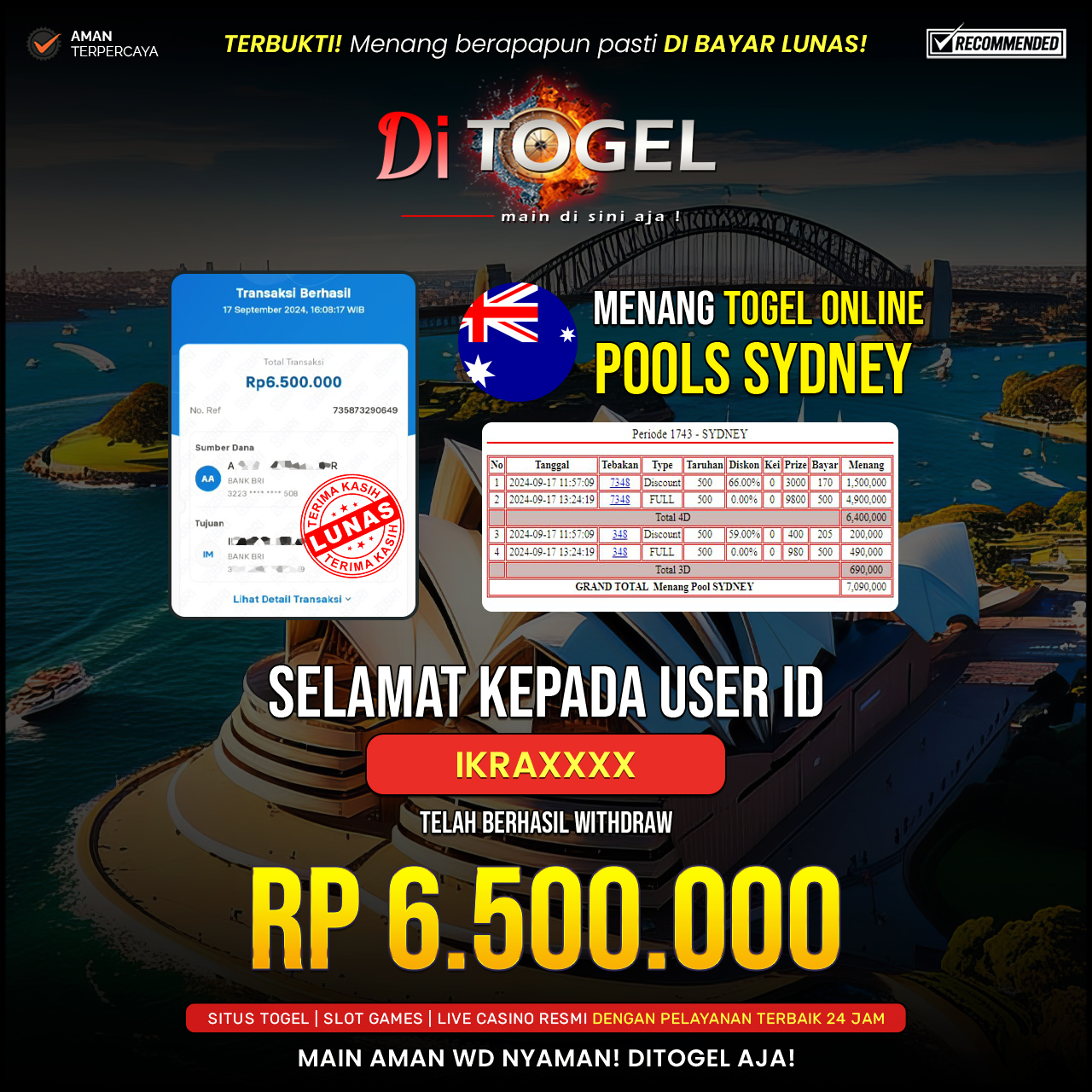 Selamat UserID IKRAXXXX Anda telah berhasil melakukan penarikan DANA Sebesar Rp 6.500.000 Di Situs DiTogel