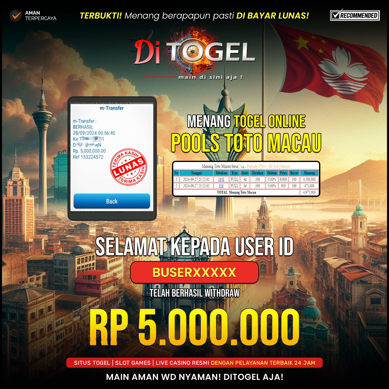 Selamat Kepada UserID : BUSERXXXX Anda telah berhasil melakukan penarikan sebesar Rp. 5.000.000 Di Situs DITOGEL Game ( TOTO MACAU )