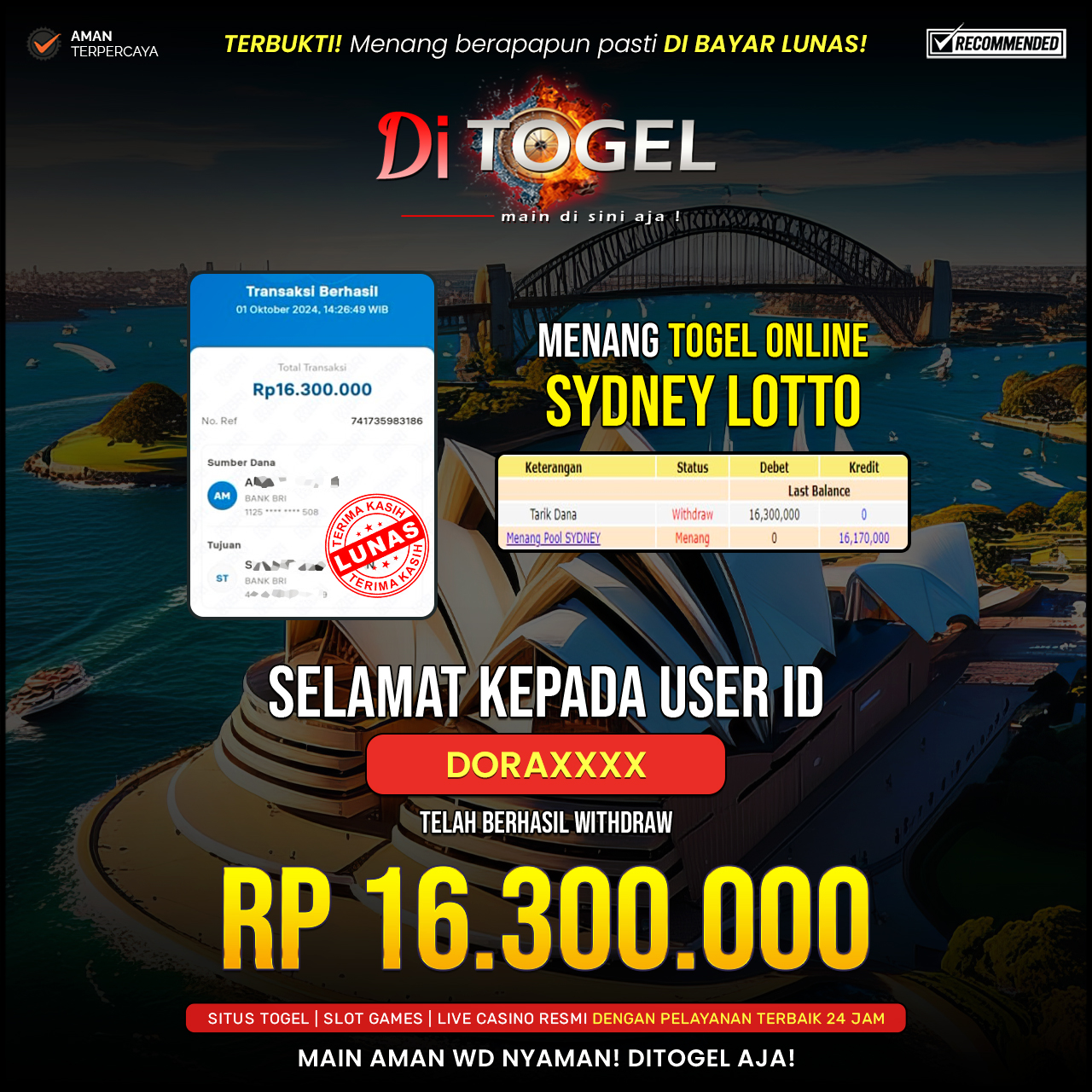 Selamat Kepada UserID : DORAXXXX Anda telah berhasil melakukan penarikan sebesar Rp. 16,300,000 Di Situs DiTogel Game ( SYDNET LOTTO )