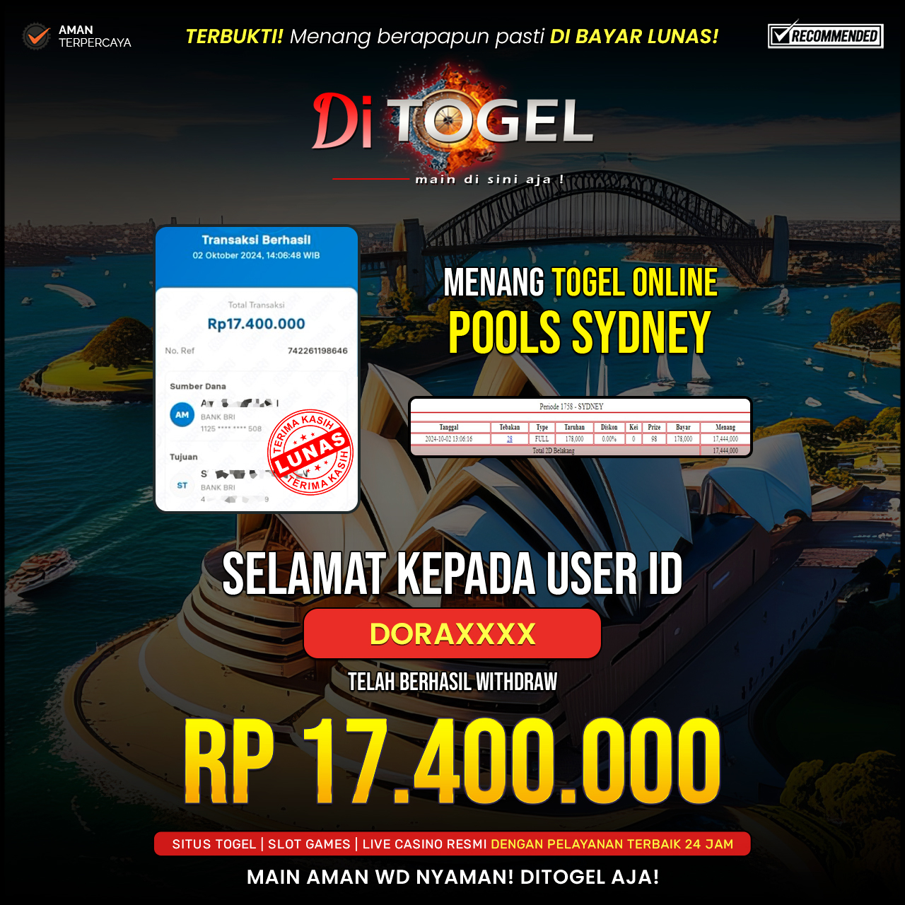 Selamat Kepada UserID : DORAXXXX Anda telah berhasil melakukan penarikan sebesar Rp. 17,400,000 Di Situs DiTogel Game ( SYDNET LOTTO )