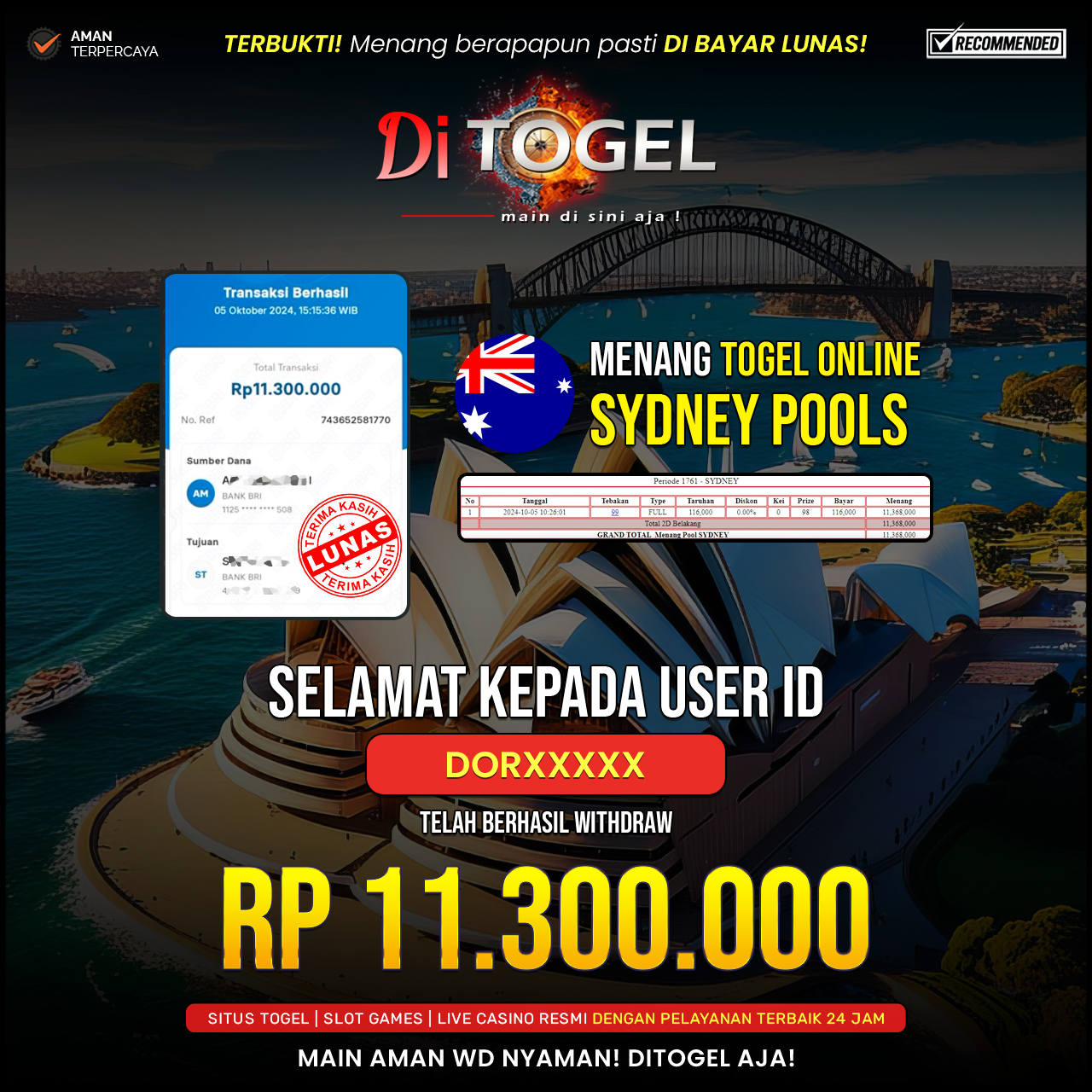 Selamat Kepada UserID : DORXXXX Anda telah berhasil melakukan penarikan sebesar Rp. 11,300,000 Di Situs DiTogel Game ( SYDNET LOTTO )