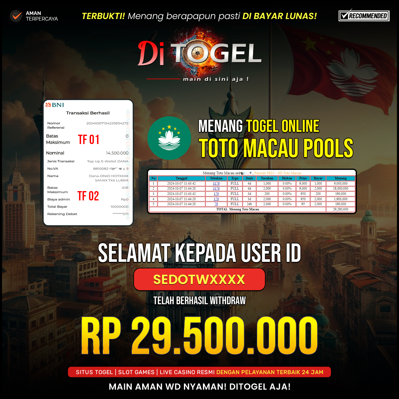 Selamat Kepada UserID : SEDOTWXXXX Anda telah berhasil melakukan penarikan sebesar Rp. 29,500,000 Di Situs DiTogel Game ( TOTO MACAU POOLS )