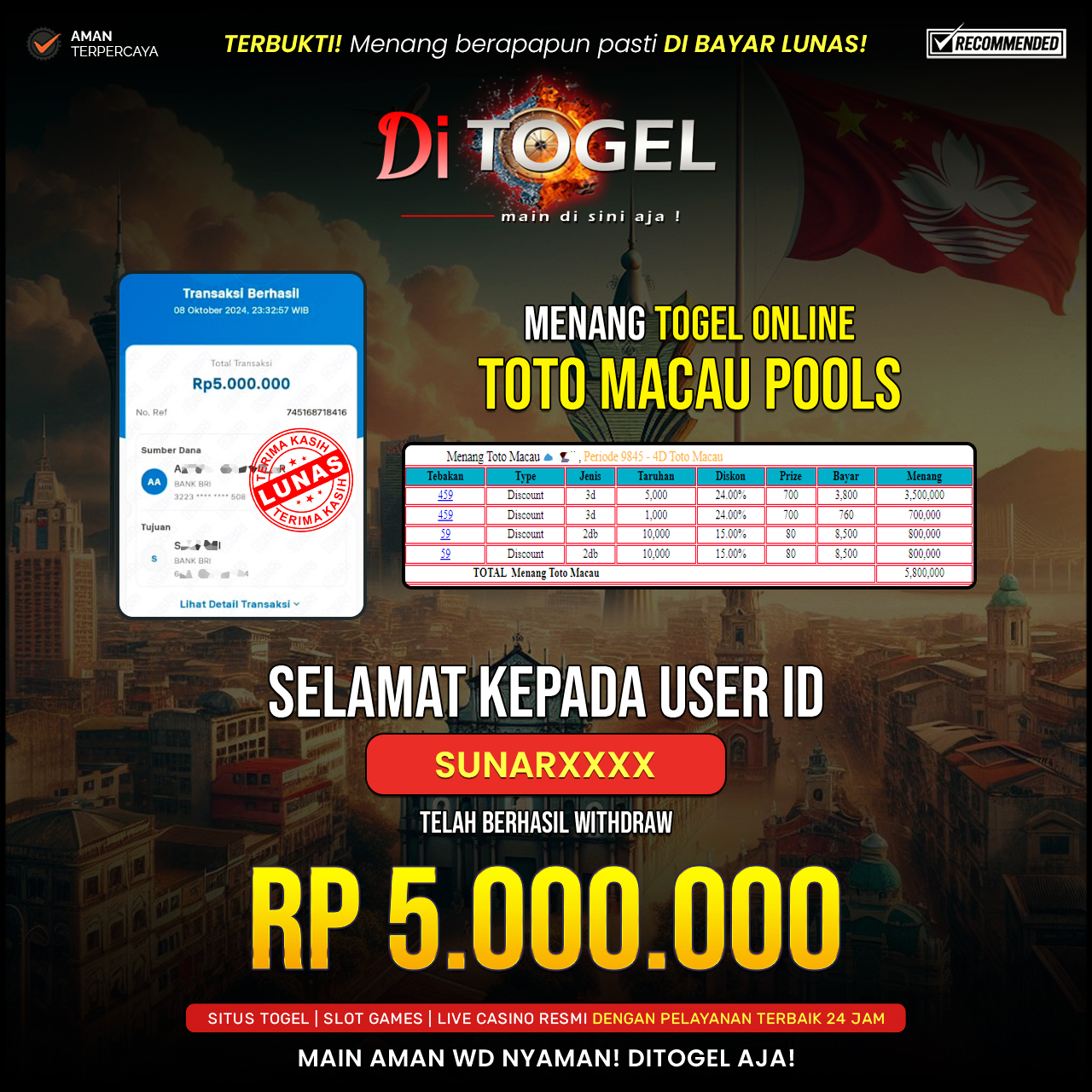 Selamat Kepada UserID : SUNARXXXX Anda telah berhasil melakukan penarikan sebesar Rp. 5,000,000 Di Situs DiTogel Game ( TOTO MACAU POOLS )