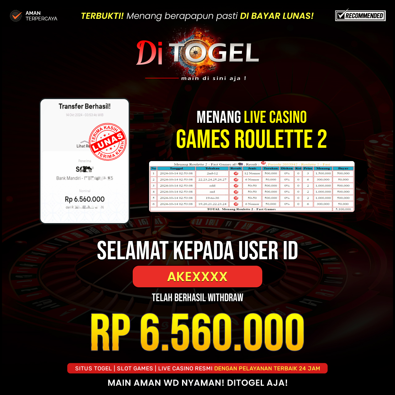 Selamat Kepada UserID : AKEXXXX Anda telah berhasil melakukan penarikan sebesar Rp. 6,560,000 Di Situs DiTogel Game ( GAMES ROULETTE 2 )