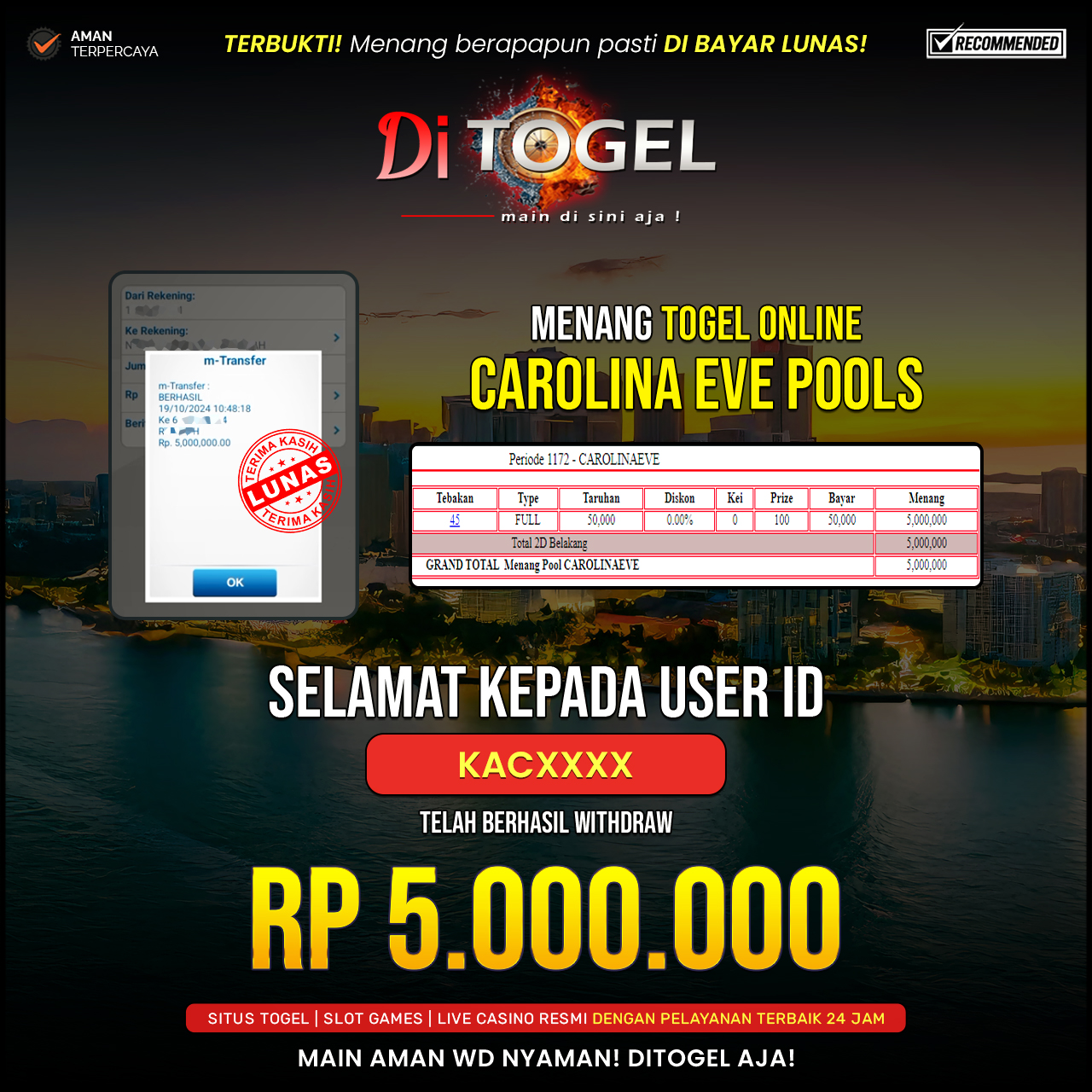 Selamat Kepada UserID : KACXXXX Anda telah berhasil melakukan penarikan sebesar Rp. 5,000,000 Di Situs DiTogel Game ( CAROLINA EVE POOLS )