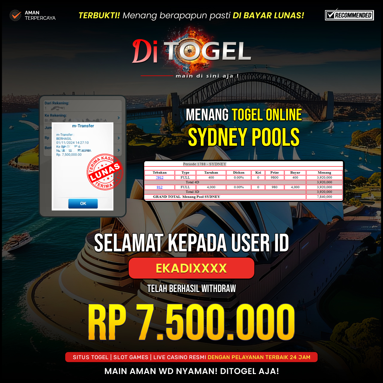 Selamat Kepada UserID : EKADIXXXX Anda telah berhasil melakukan penarikan sebesar Rp. 7,500,000 Di Situs DiTogel, Di Game ( SYDNEY POOLS )