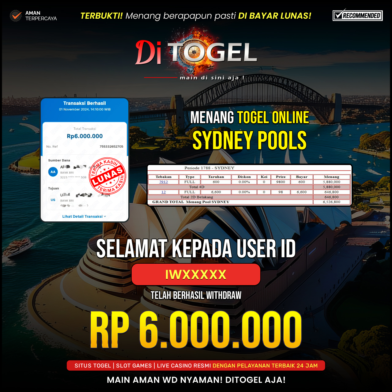 Selamat Kepada UserID : IWXXXXX Anda telah berhasil melakukan penarikan sebesar Rp. 6,000,000 Di Situs DiTogel, Di Game ( SYDNEY POOLS )