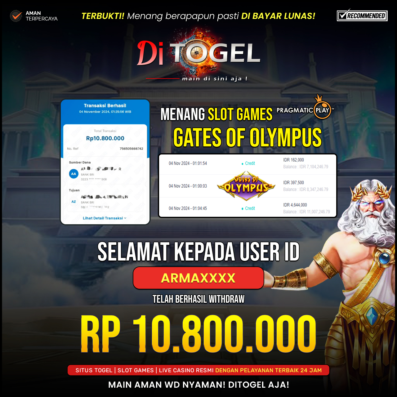 Selamat Kepada UserID : ARMAXXXX Anda telah berhasil melakukan penarikan sebesar Rp. 10,800,000 Di Situs DiTogel, Di Game ( GATES OF OLYMPUS )