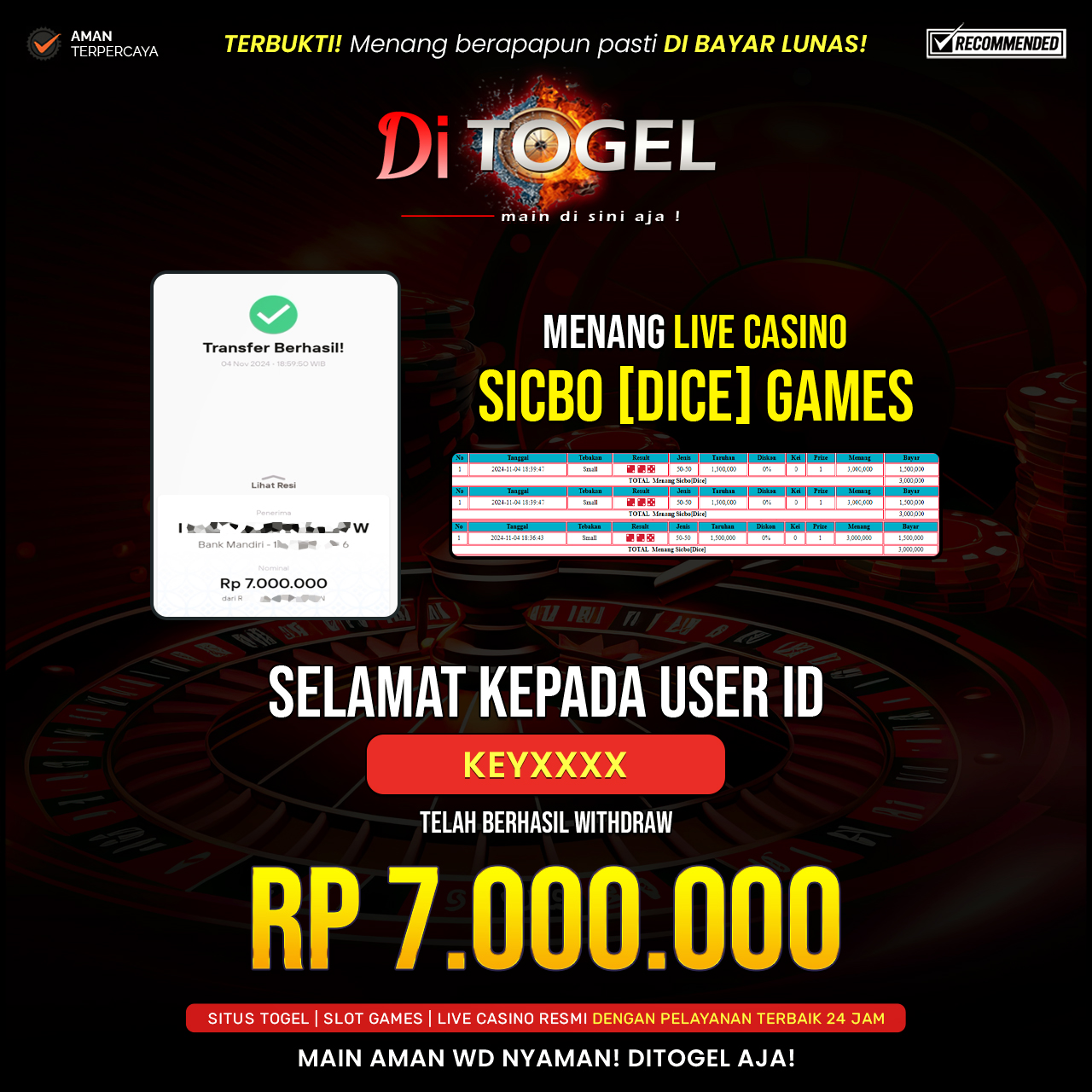 Selamat Kepada UserID : KEYXXXX Anda telah berhasil melakukan penarikan sebesar Rp. 7,000,000 Di Situs DiTogel, Di Game ( SICBO [DICE] GAME )