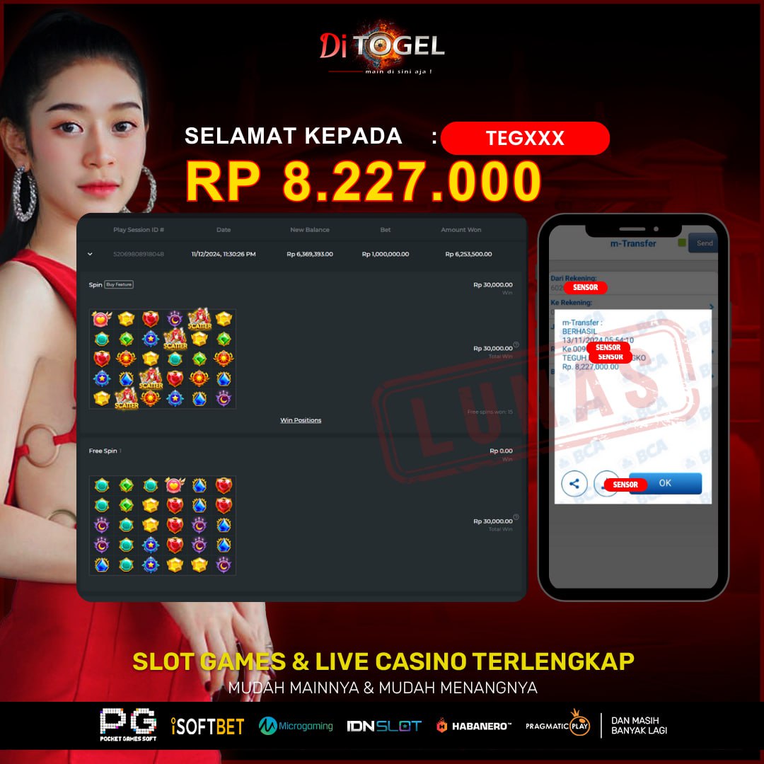 Selamat Kepada UserID : TEGXXXX Anda telah berhasil melakukan penarikan sebesar Rp. 8,227,000 Di Situs DiTogel, Di Game ( Starlight Princess )