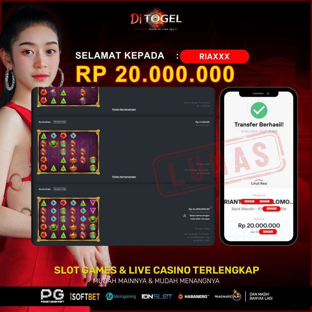 Selamat Kepada UserID : RIAXXXX Anda telah berhasil melakukan penarikan sebesar Rp. 20,000,000 Di Situs DiTogel, Di Game ( Gates Of Olympus 1000