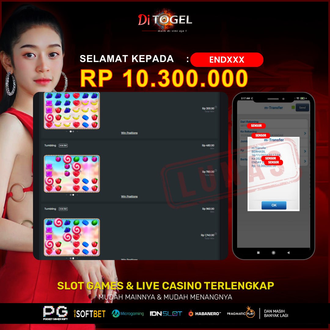 Selamat Kepada UserID : ENDXXXX Anda telah berhasil melakukan penarikan sebesar Rp. 10,300,000 Di Situs DiTogel, Di Game (Sweet Bonanza)