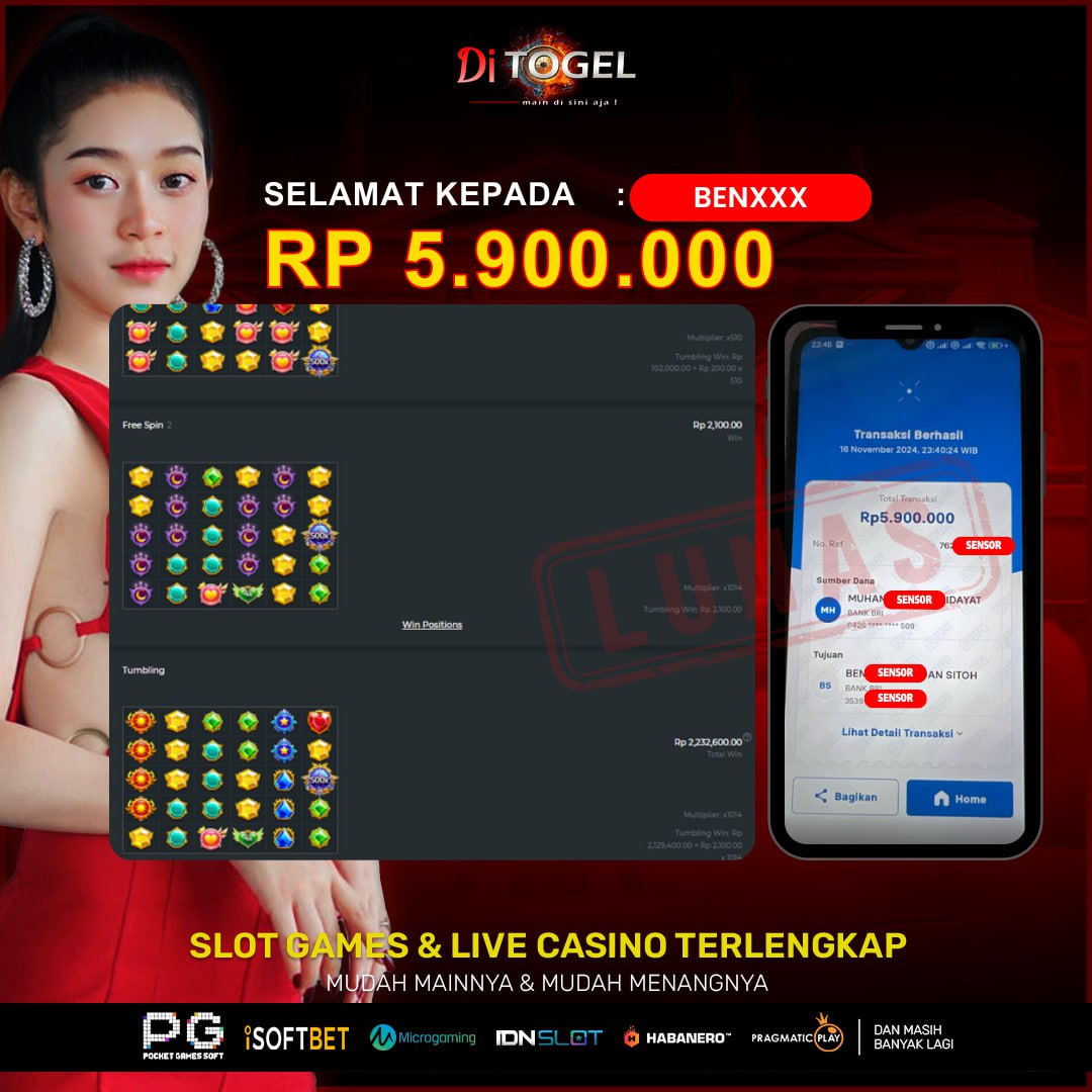 Selamat Kepada UserID : BENXXXX Anda telah berhasil melakukan penarikan sebesar Rp. 5,900,000 Di Situs DiTogel, Di Game (Starlight Princess)