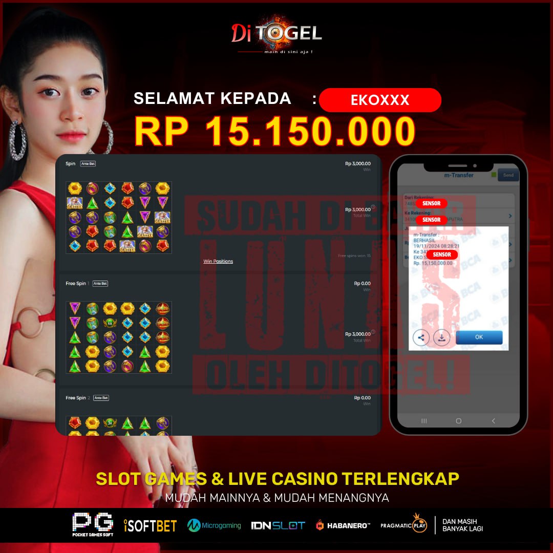 Selamat Kepada UserID : EKOXXXX Anda telah berhasil melakukan penarikan sebesar Rp. 15,150,000 Di Situs DiTogel, Di Game (Gates Of Olympus 1000)