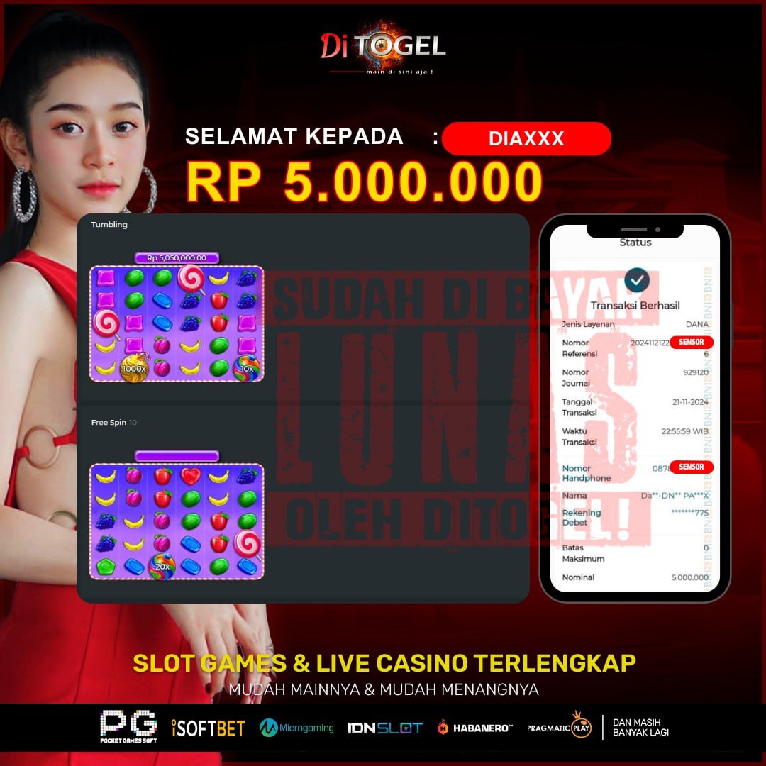 Selamat Kepada UserID : DIAXXXX Anda telah berhasil melakukan penarikan sebesar Rp. 5,000,000 Di Situs DiTogel, Di Game (SWEET BONANZA 1000)