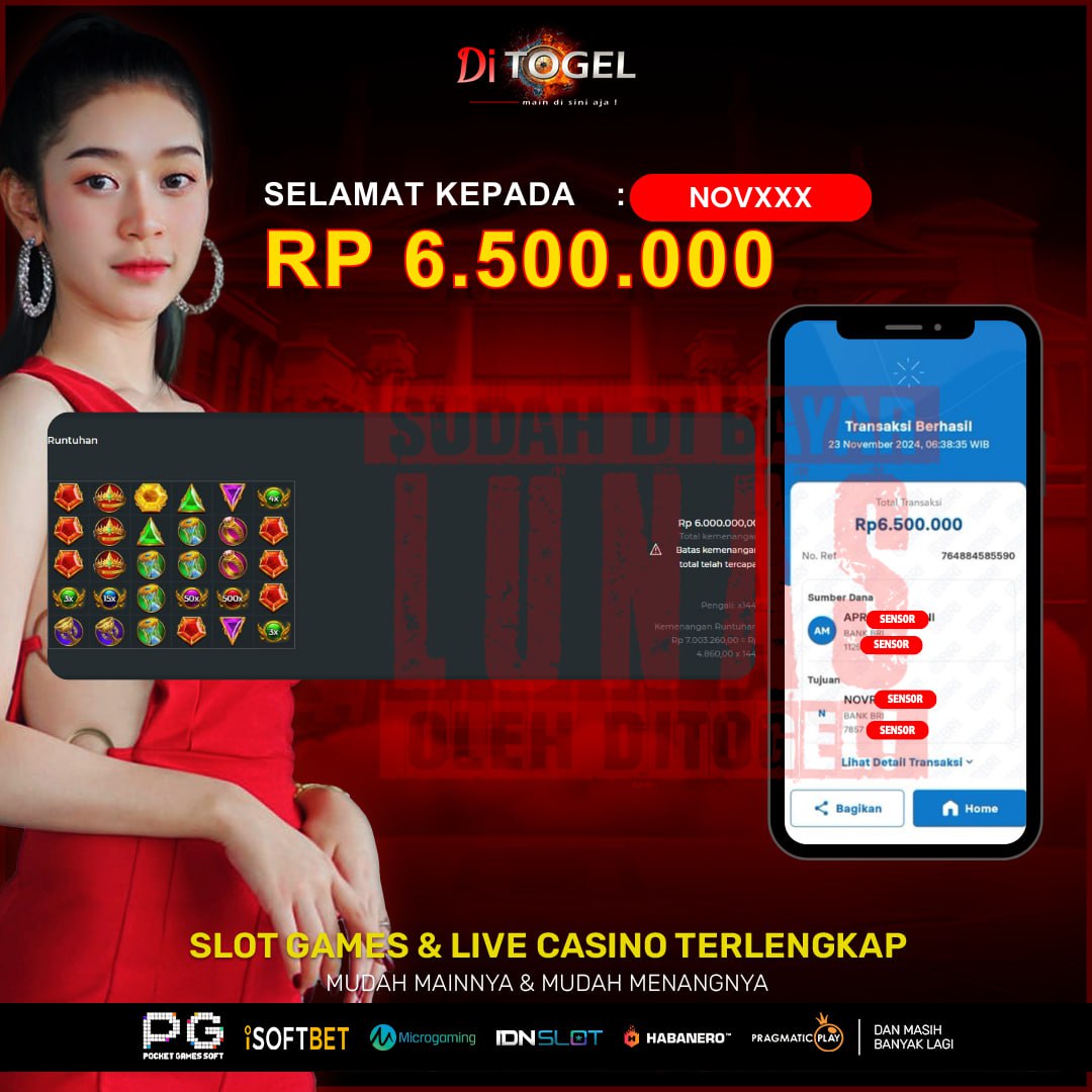 Selamat Kepada UserID : NOVXXXX Anda telah berhasil melakukan penarikan sebesar Rp. 6,500,000 Di Situs DiTogel, Di Game (GATES OF OLYMPUS1000)