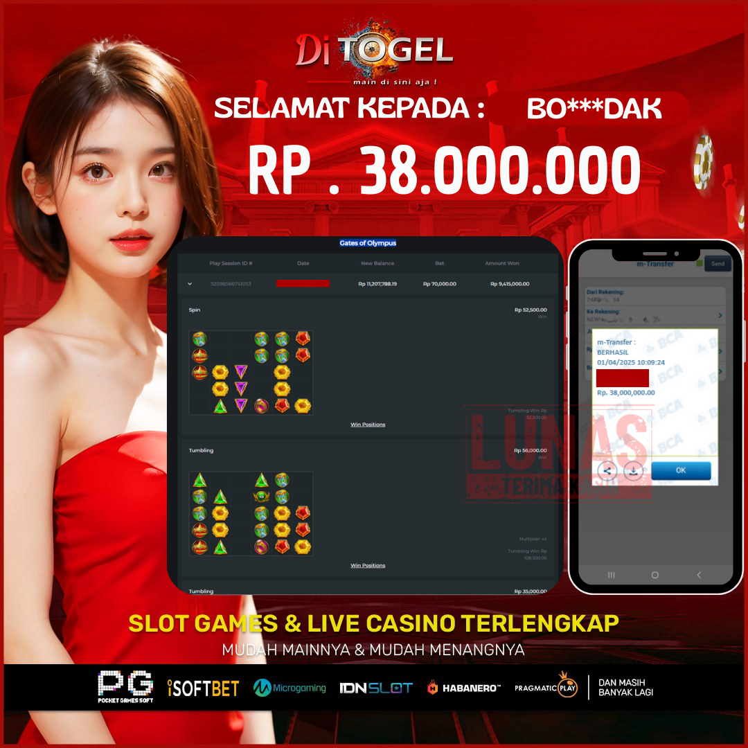 Selamat Kepada UserID : BO***DAK Anda telah berhasil melakukan penarikan sebesar Rp 38.000,000 Di Situs DiTogel, Di Game (GATES OF OLYMPUS1000)