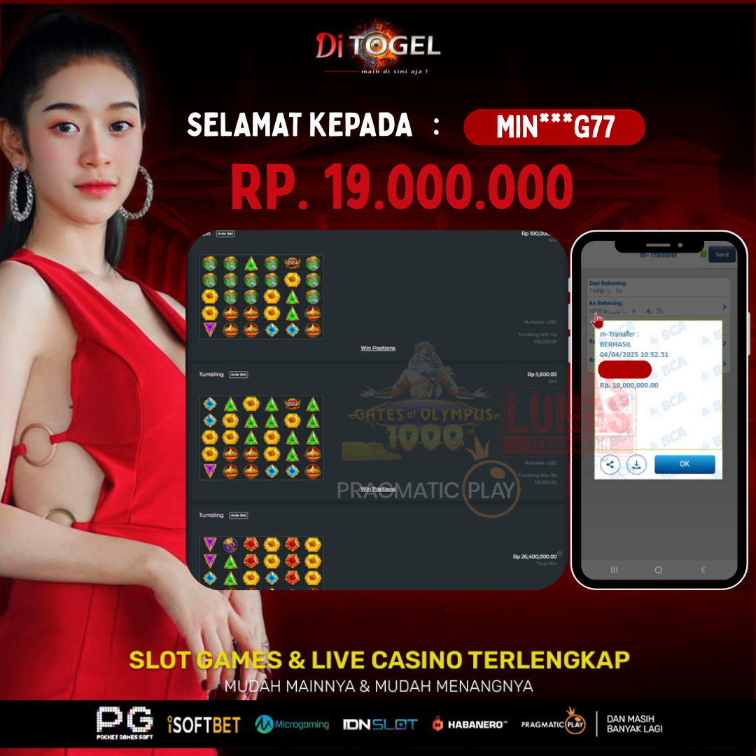 Selamat Kepada UserID : MIN***G77 Anda telah berhasil melakukan penarikan sebesar Rp 19.000,000 Di Situs DiTogel, Di Game (GATES OF OLYMPUS1000)