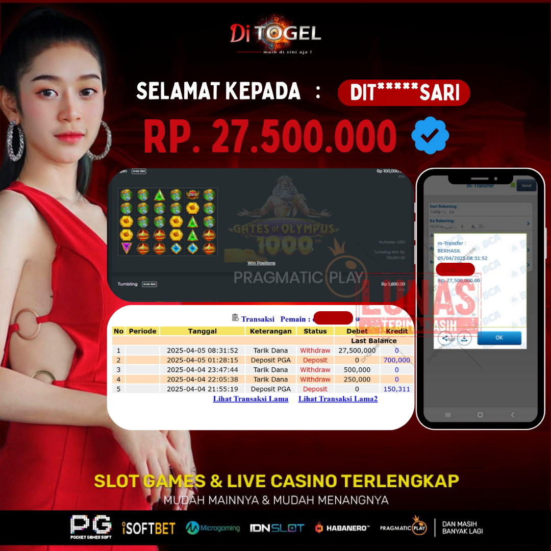 Selamat Kepada UserID : JEK***88 Anda telah berhasil melakukan penarikan sebesar Rp 27.500,000 Di Situs DiTogel, Di Game (GATES OF OLYMPUS1000)