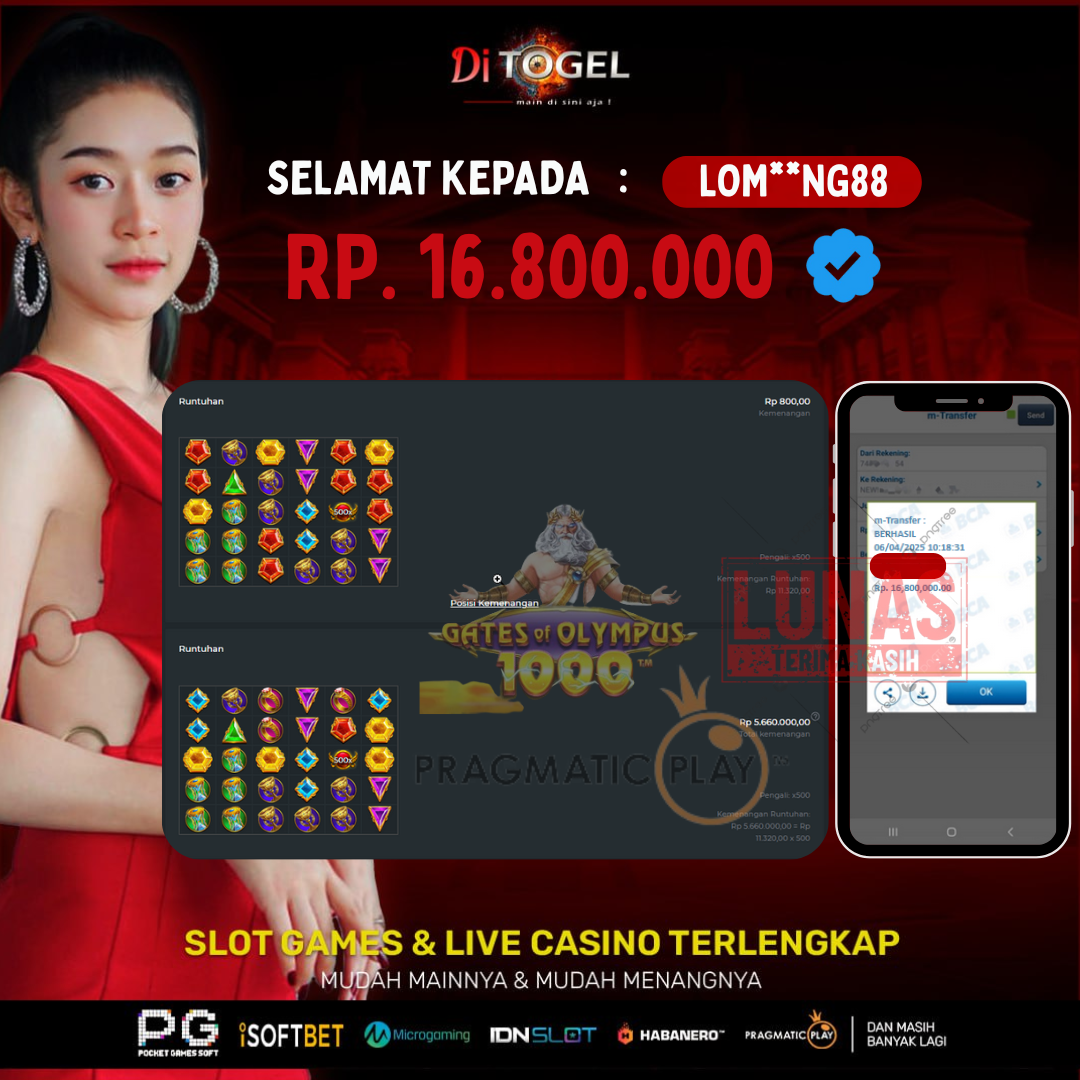 Selamat Kepada UserID : LOM**NG88 Anda telah berhasil melakukan penarikan sebesar Rp 16.800,000 Di Situs DiTogel, Di Game (GATES OF OLYMPUS1000)