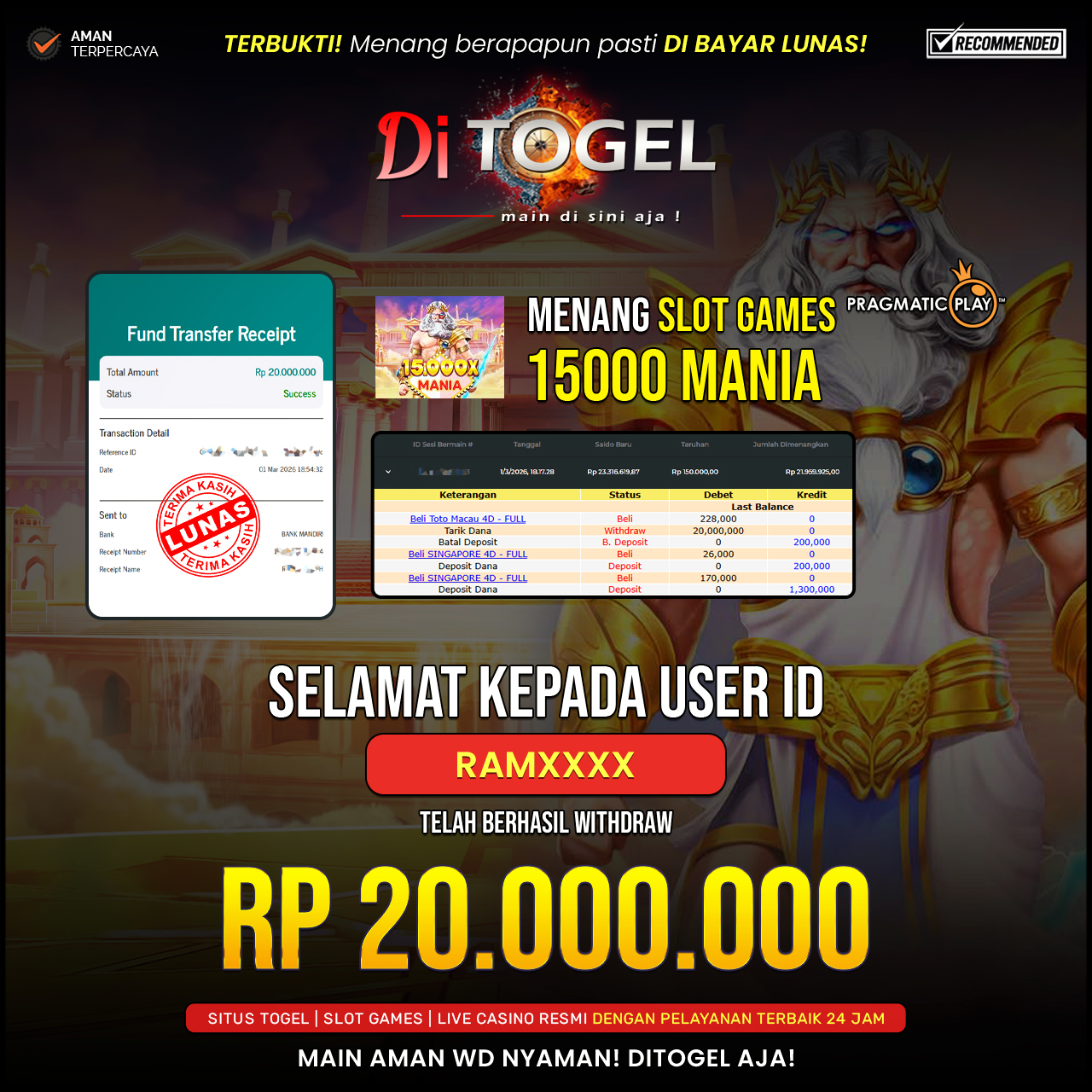 Selamat Kepada UserID : RAMXXX4 Anda telah berhasil melakukan penarikan sebesar Rp 35.124.000 Di Situs DiTogel, Di Game Gates Of Olympus 15000X ( Pragmatic Play )